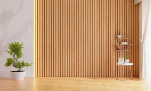 Un claustra interieur fait maison en bois, avec une plante verte et une étagère décorative.