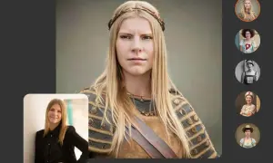 Une femme blonde en tenue médiévale, résultat de myheritage ai time machine, avec des portraits historiques sur la droite.