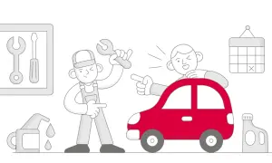 Meccanico e cliente discutono cosa comprende il tagliando auto. Olio, chiavi e calendario indicano la manutenzione.