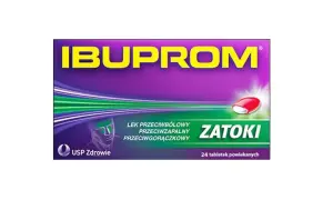 Opakowanie Ibuprom Zatoki, leku na ból i stan zapalny zatok. Zawiera 24 tabletki.