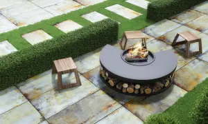 Modern patio with fire pit and stools on rustic tiles, perfect for **suelos para jardín sin obra**.