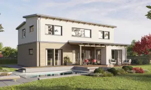 Modernes Haus mit versetztem Pultdach, Pool und Gartenmöbeln. Einladende Terrasse mit Esstisch und Sitzgelegenheiten.