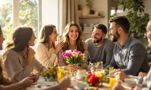 Un groupe d'amis rit autour d'une table, une femme tient un bouquet. Une belle journée, peut-être une fête de la saint Émilie, date à célébrer.