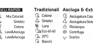 Programmi lavatrice: cicli rapidi, tradizionali, asciugatura. Simbolo ammorbidente non presente, ma ci sono opzioni per cotone, sintetici, lana, risciacquo, centrifuga e scarico.