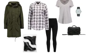 Zielony płaszcz, koszula w kratę, szary t-shirt, czarne rurki, botki i torebka. Taki zestaw to idealny przykład stylu tomboy co to znaczy – swobodny i stylowy.
