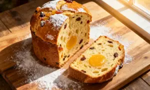 Un panettone italien artisanal, sa recette parfaite. Un délice aux fruits confits et à la crème, saupoudré de sucre glace.