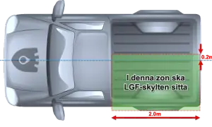 Översiktsbild av en traktor med en markerad zon där en LGF-skylt ska sitta.
