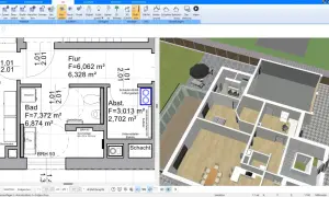Grundriss Architektur: Ein 2D-Grundriss und eine 3D-Ansicht eines Hauses werden nebeneinander angezeigt.