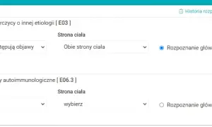 Zapis medyczny z rozpoznaniem niedoczynności tarczycy (E03) i zapalenia tarczycy (E06.3). Brak informacji o ICD 10 F84.