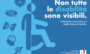 Non tutte le disabilità sono visibili. Icone mostrano cuore, occhio coperto, mani con pillole, cervello, orecchio. Rispetto per chi vive una disabilità invisibile.