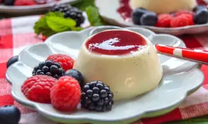 Cremige Panna Cotta mit Beeren und roter Soße, ein Genuss für Augen und Gaumen.