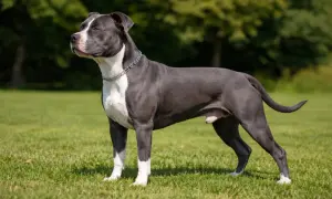 Elegancki staffordshire bull terrier blue na trawie, z białą klatką piersiową i łapami.