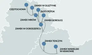 Mapa turystyczna z zaznaczonymi zamkami na Szlaku Orlich Gniazd: Częstochowa, Olsztyn, Złoty Potok, Mirów, Bobolice, Ogrodzieniec, Tenczyn, Wawel w Krakowie.