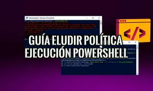 Guía para eludir políticas de ejecución en PowerShell. Muestra una ventana de PowerShell con un mensaje de error y código.
