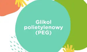 Kolorowe kształty na białym tle. Na turkusowym okręgu napis: Glikol polietylenowy (PEG).