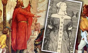 A king in a red robe holds a horn, with a drawing of a woman in a tunic on the right.