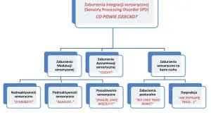 Schemat zaburzeń integracji sensorycznej (SPD) z podziałem na rodzaje i przykładowymi wypowiedziami dzieci.