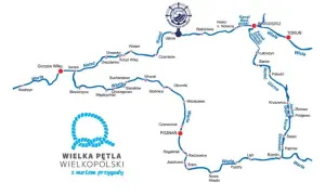 Mapa Wielkiej Pętli Wielkopolski z zaznaczonymi rzekami Wartą i Notecią, w tym dopływ Noteci.