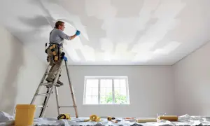 Un peintre sur une échelle applique une toile de rénovation plafond. Des rouleaux et un seau sont prêts.