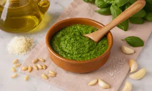 Frisches **Pesto Genovese** in einer Schale, umgeben von Pinienkernen, Parmesan, Knoblauch, Basilikum und Olivenöl.