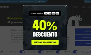 Ventana emergente que anuncia un 40% de descuento. La oferta termina pronto. ¡Aprovecha la promoción!