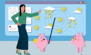 Donna spiega grafici con monete e maialini salvadanaio, illustrando il budget aziendale.