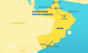 Mapa podróży po Zjednoczonych Emiratach Arabskich i Omanie. Trasa obejmuje Dubaj, Abu Zabi, Al Ain, Nizwę, Maskat, Salalah, Taqa i Mirbat.