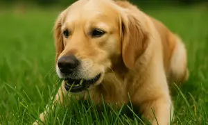 Złoty retriever leży na trawie i gryzie zielone źdźbła.