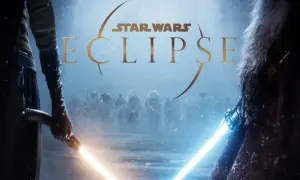 Star Wars Eclipse: dwaj rycerze z mieczami świetlnymi, jeden z żółtym, drugi z niebieskim, stoją naprzeciw siebie na mroźnym polu bitwy.