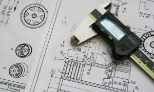 Rysunek techniczny z suwmiarką cyfrową Mitutoyo. Precyzyjne wymiary i detale części mechanicznych.