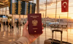 Pasport polski w dłoni, lotnisko, flaga Turcji. Czy do Turcji potrzebna jest wiza? Podróż do Stambułu.