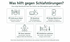 Tipps gegen Schlafprobleme in den Wechseljahren: Abendroutine mit leichter Ernährung, Ritualen, weniger Bildschirmzeit, Stressreduktion & optimiertem Schlafzimmer.