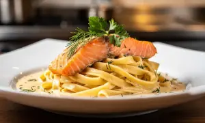 Délicieuses tagliatelles au saumon, nappées d'une sauce crémeuse et garnies d'aneth et de persil frais. Un plat savoureux et coloré.