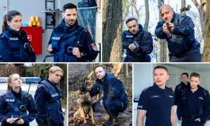Policjantki i policjanci obsada w akcji. W lesie, w radiowozie i w budynku. Wszyscy w mundurach, gotowi do służby.