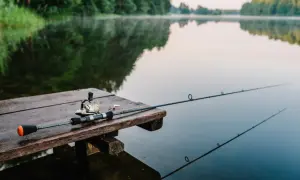 Wędka i kołowrotek leżą na drewnianym pomoście, gotowe do wędkowania na Mazurach. Spokojna tafla jeziora odbija zalesione brzegi.