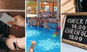 Otwieranie drzwi kartą, ludzie w basenie i tablica z godzinami check-in/check-out. To wszystko czeka na Ciebie w ramach doby hotelowej.