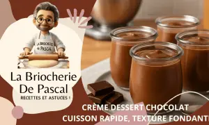 Quatre pots de crème au chocolat onctueuse, parfaits pour un dessert rapide et gourmand. Un chef pâtissier prépare la pâte.