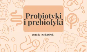 Probiotyki i prebiotyki: klucz do zdrowego jelita. Grafika przedstawia jelita, bakterie, warzywa i sztućce.