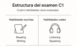 Estructura del examen C1: habilidades escritas (reading, writing) y orales (listening, speaking).