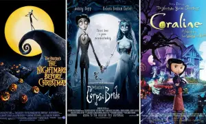 Plakaty filmów Tima Burtona: "Miasteczko Halloween", "Gnijąca panna młoda" i "Coraline".