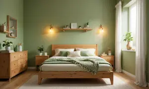 Une chambre vert et bois, paisible et lumineuse, avec un lit en bois, des tables de chevet, une commode et des étagères décorées de plantes.