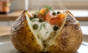 Pomme de terre au four fumante, garnie de crème, saumon fumé, câpres et aneth. Un délice simple et réconfortant.