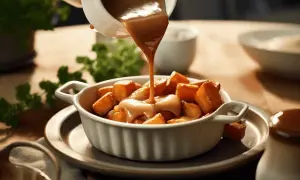 En vit skål fylld med gyllene potatisbitar får en generös skvätt krämig brun sås.