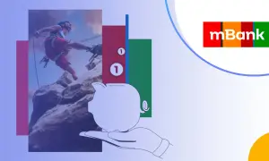 Grafika przedstawia wspinacza, skarbonkę na dłoni, słupki z cyframi 1 oraz logo mBank.