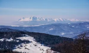 Zimowy krajobraz górski, pokryty śniegiem. W oddali widać pusta wielka, ośnieżona grań Tatr.