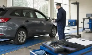 Meccanico con tablet e fogli accanto a un'auto grigia in officina, per l'allestimento auto libretto.