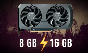 Karta graficzna AMD Radeon Vega 8 z 8 GB i 16 GB pamięci VRAM, na tle opuszczonego wesołego miasteczka.