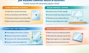 Zasady montażu lustra w łazience: środek tafli na wysokości linii wzroku, dopasowanie do wzrostu domowników. Idealne proporcje i oświetlenie.