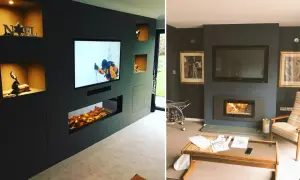 Dwa salonowe wnętrza z ukrytymi telewizorami nad kominkami i dekoracjami w niszach.