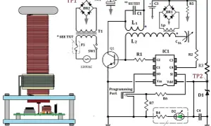 Schemat obwodu z cewką Tesli, transformatorem, tranzystorem i układem scalonym.